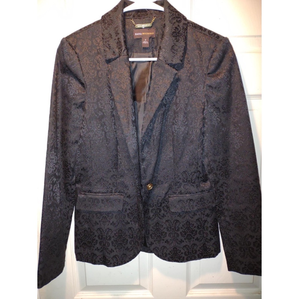 Dana Buchman Womens Black Damask Brocade Blazer Single Button Suit Jacket Size 4